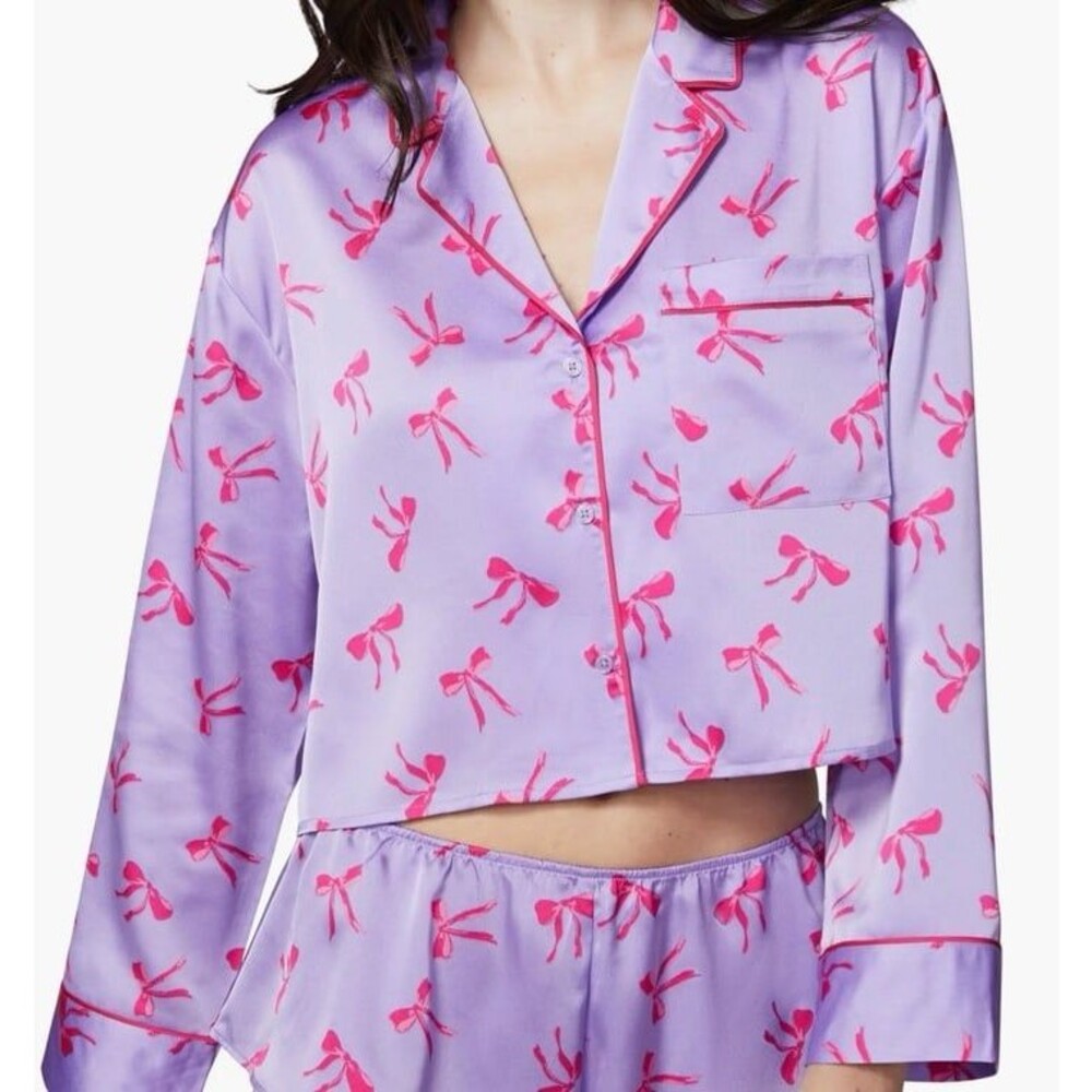Satin Sleep Crop Pajama Top Florence by Mills Purple, Pink Bows Size L